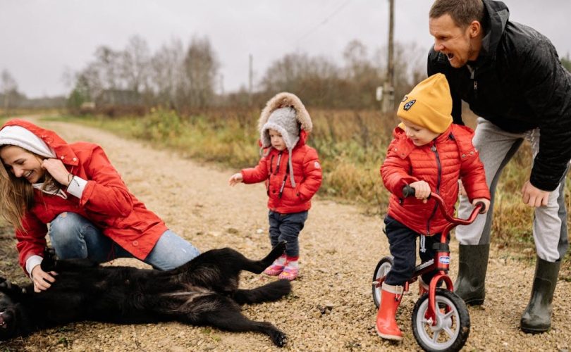 Happy family enjoying quality time outdoors with kids and dog in countryside.